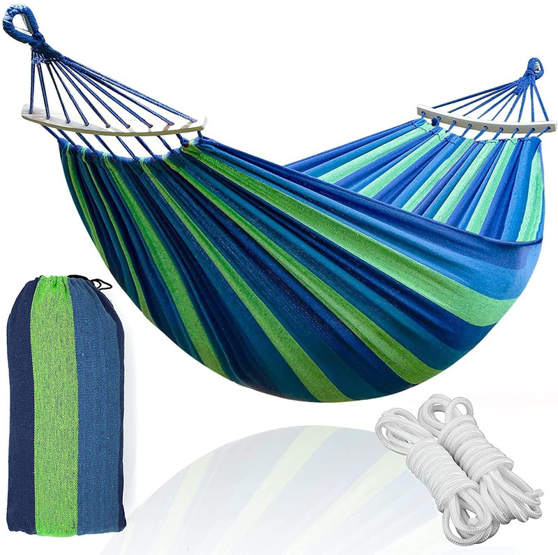 We3 Portable Beach Swing Bed with Hardwood Spreader Bar Tree Hanging Outdoor Indoor Cotton Hammock Blue, DIY(Do-It-Yourself)
