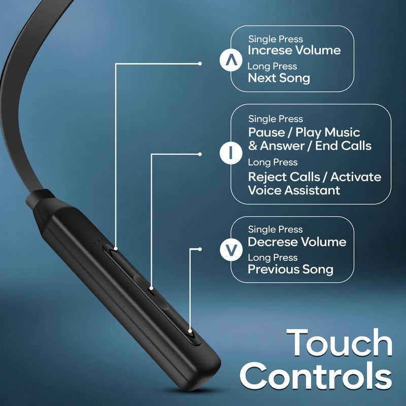 NITRAMAX Bluetooth Neckband Earphones, Black, 20 Hour Playtime - Image 5