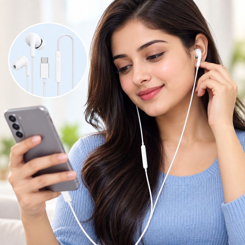 qoviq original Type-C In-Ear Wired Earphones With Powerful 12.4mm Drivers & Clear Calling Wired Headset (White, In the Ear) - Image 5