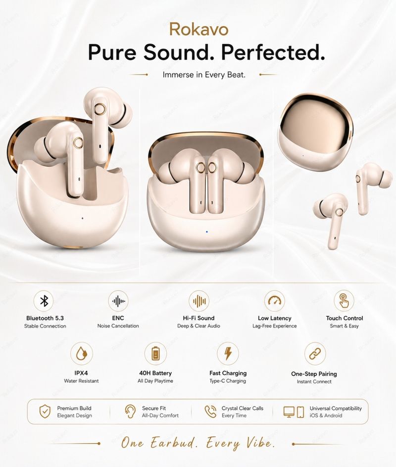 ROKAVO True Wireless Earbuds (Beige) - Image 5