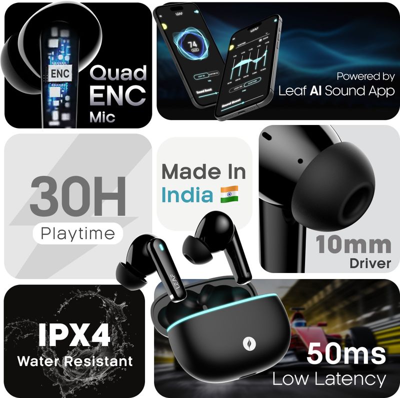 Leaf Buds X121 True Wireless, AI SOUND App,30H Playtime, Fast Charge,10mm Driver Bluetooth Headset (Carbon Black, In the Ear) - Image 3