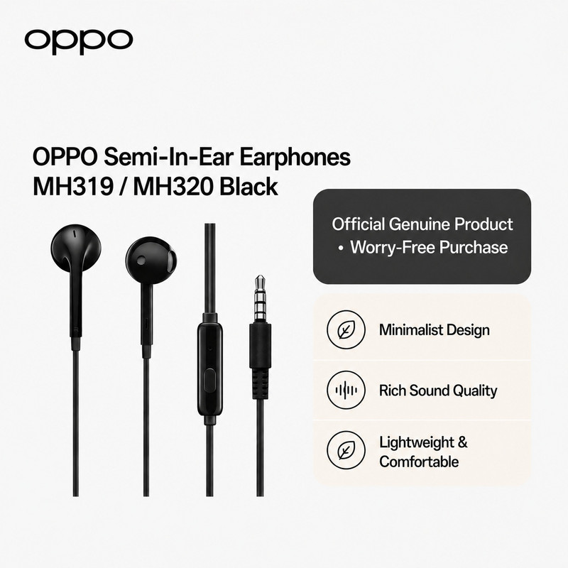 OPPO MH319 3.5mm Plug Premium Sound Earphones. Exceptional Comfort. Wired Gaming Headset Black, In the Ear