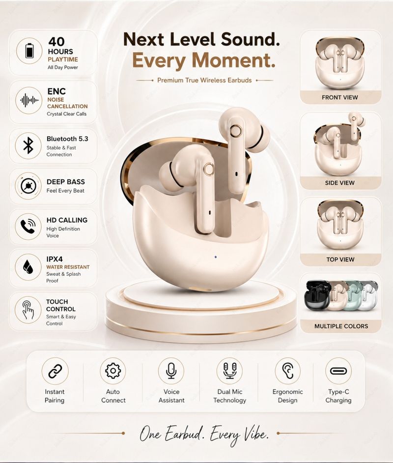 ROKAVO True Wireless Earbuds (Beige) - Image 6