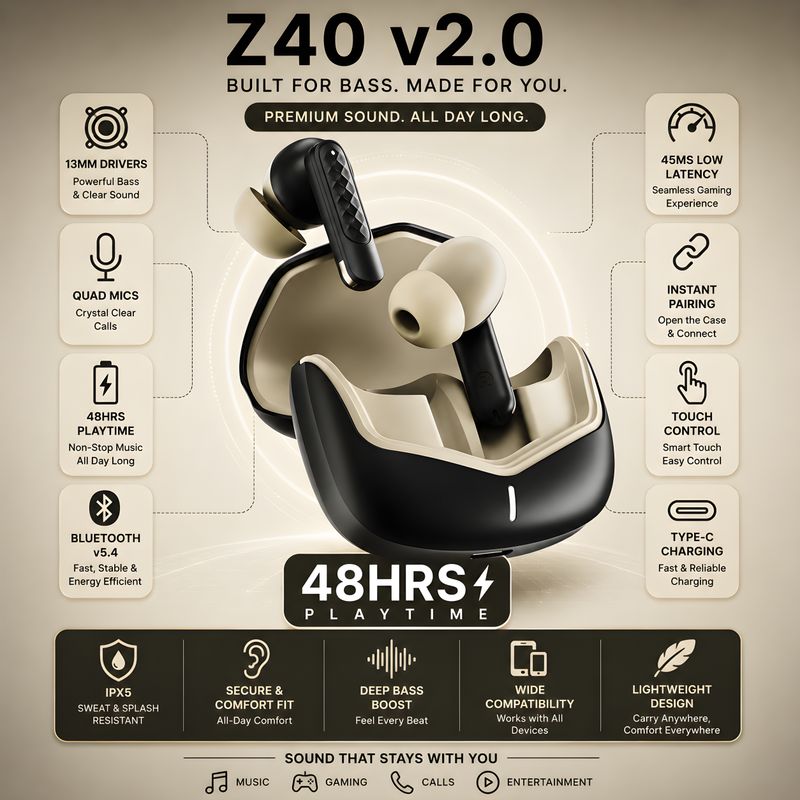 Bxeno Z40 v2.0 48Hrs Battery Life, Quad Mic ENC, 13mm - Image 3