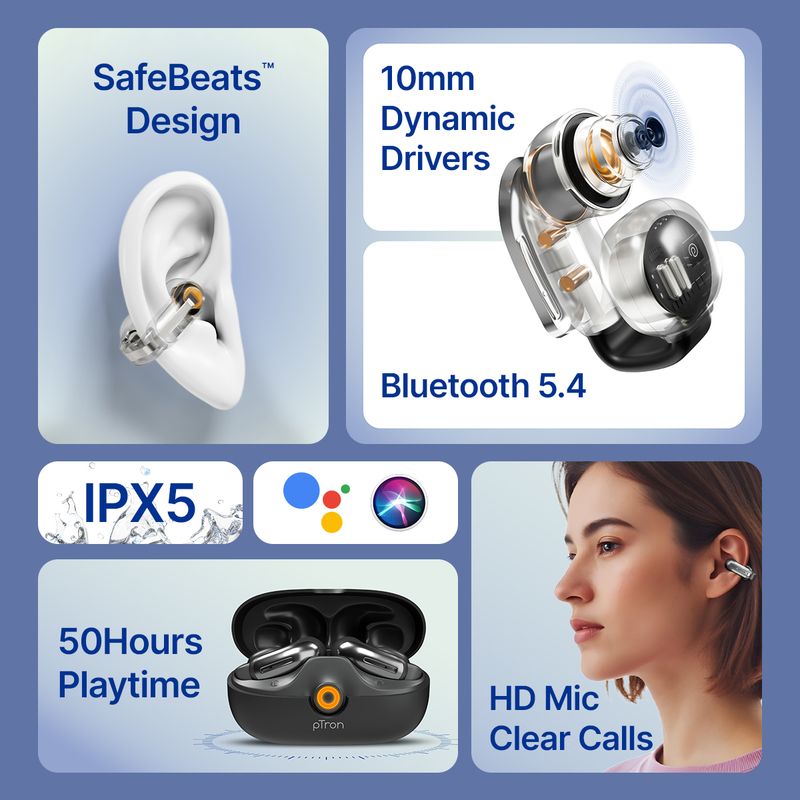 PTron Bassbuds Vortex Open-Earclips TWS Earbuds (Black) - Image 4