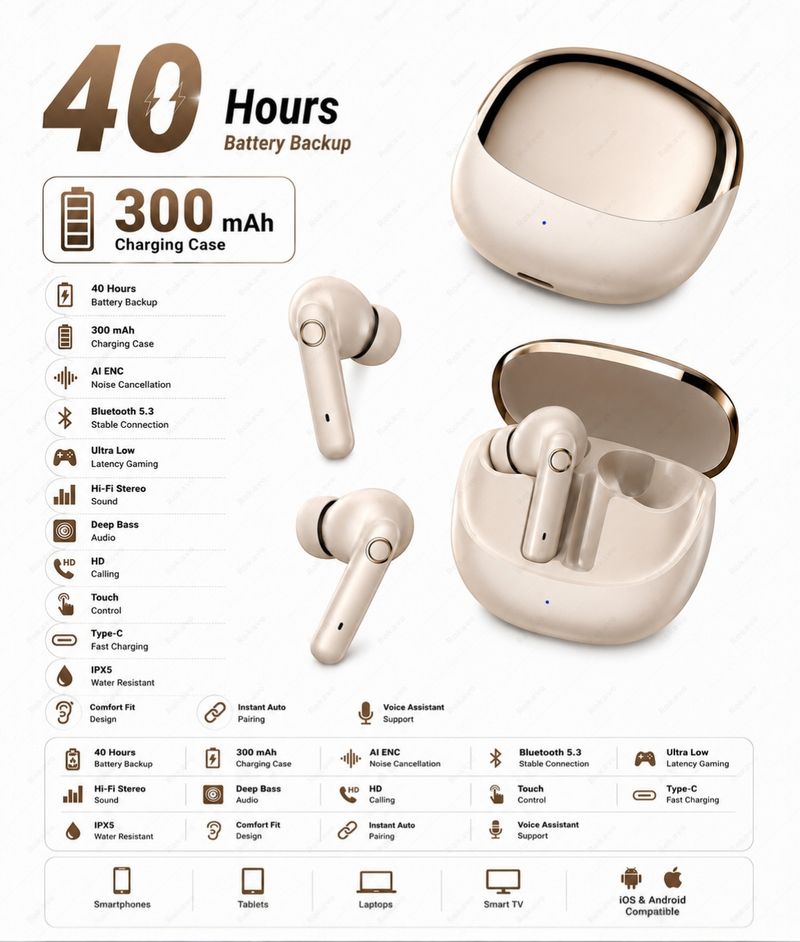 ROKAVO True Wireless Earbuds (Beige) - Image 4