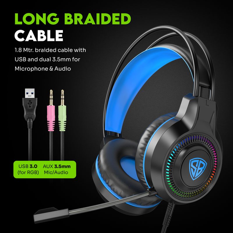 SpinBot BattleBudz H2 Headphone RGB Light|Boom Mic|Suspension Headband|Braided Cable| Wired Gaming Headset (Black, Blue, On the Ear) - Image 8