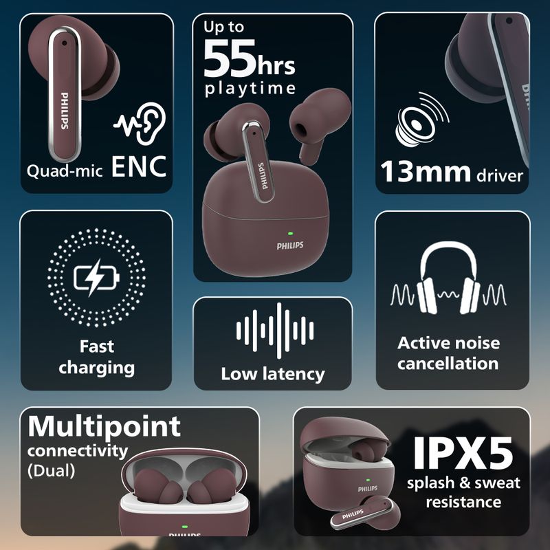 PHILIPS TAT1150RD Earbuds with ANC/ENC, 55H Playtime, 13mm Drivers, IPX5 Proof, BT v5.3 Bluetooth Headset (Red Mahogany, True Wireless) - Image 4