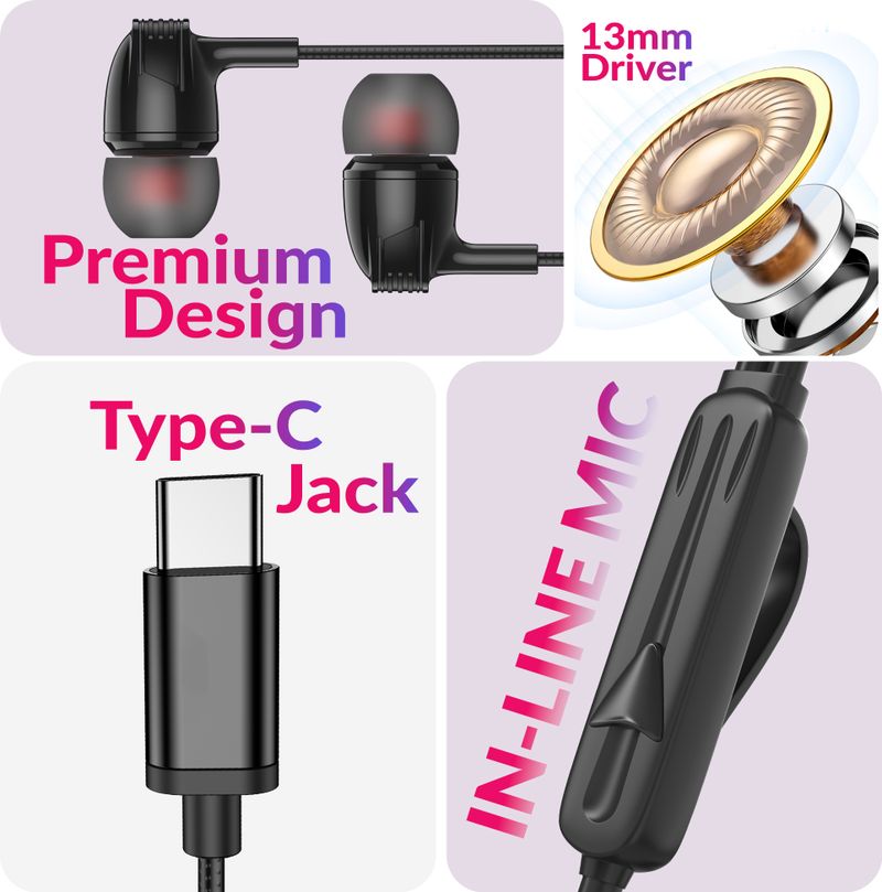 Aroma HF1002 Type C Wired Earphone, Onyx Black - Image 6