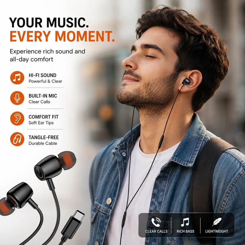 HASHTEL Type-C BassPro Wired Earphones with Mic - Image 4