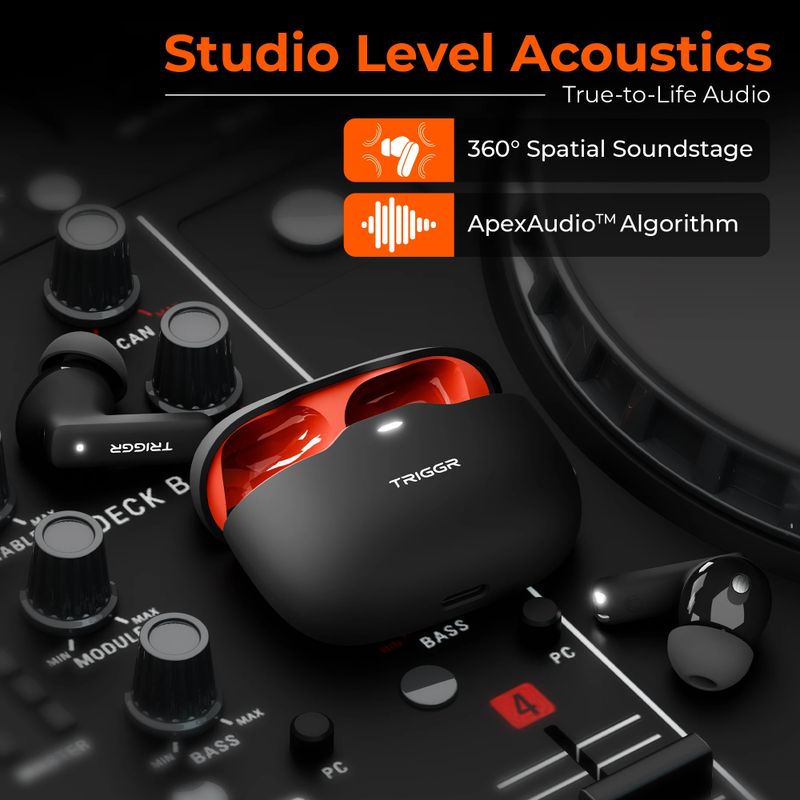 TRIGGR Apex S2 2025, Dual Pairing, 60H Battery, Preset EQ, Quad Mic ENC, Rubber Finish Bluetooth Headset (Black Inferno, True Wireless) - Image 7