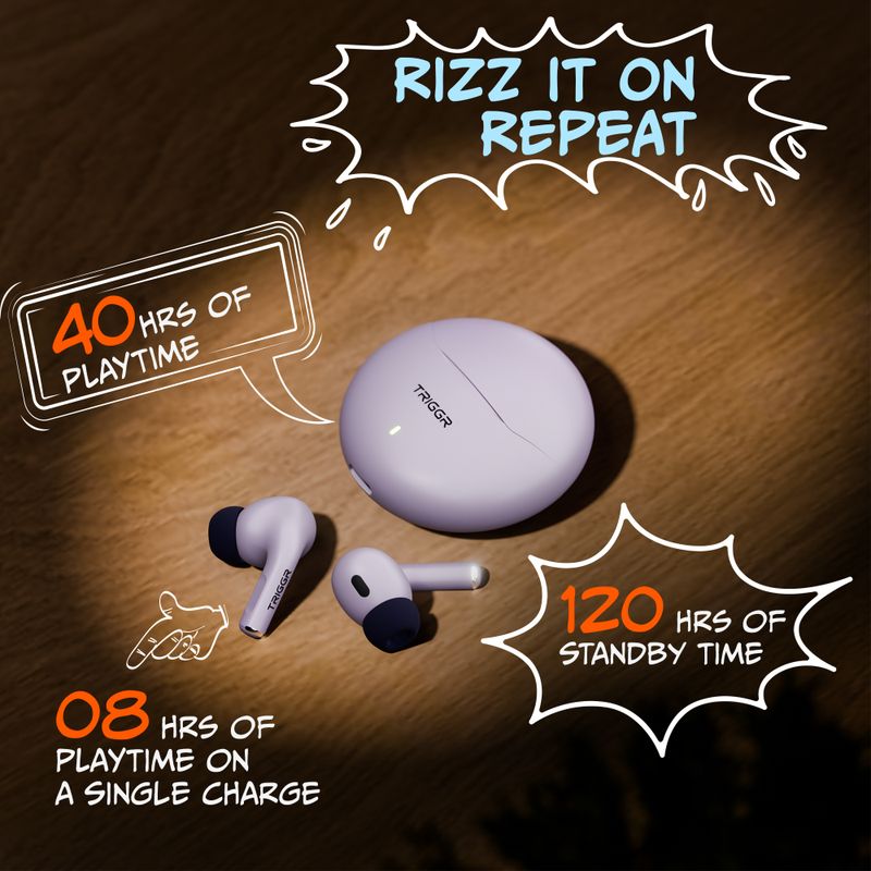 TRIGGR Rizz with 40H Playback, Spherical Design, 13mm Drivers, Rich Bass, Fast Charging Bluetooth Headset (Onyx Lilac, True Wireless) - Image 6