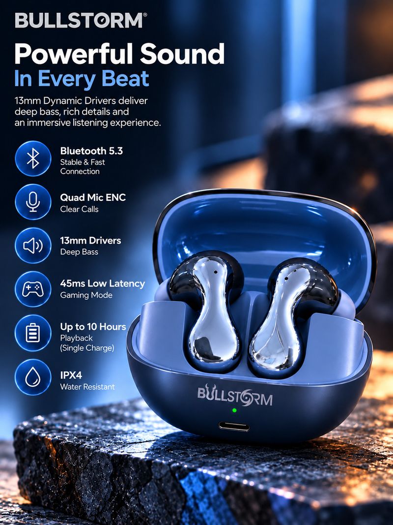 BULLSTORM Voltiq 977 Earbuds Bluetooth 5.3, 24Hr Playtime, Blue - Image 3