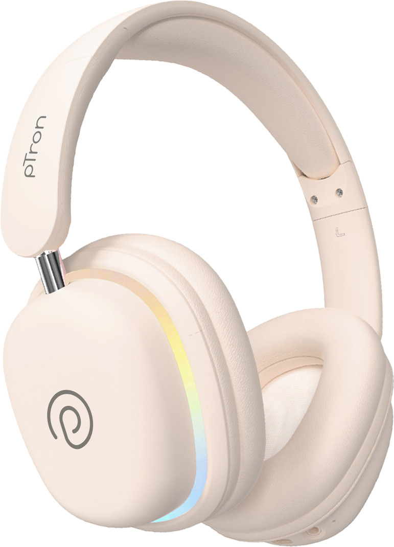 PTron Studio Xtreme w/ Dual-Device Pairing, 70Hrs Playtime, AI-ENC Calls, RGB Lights Bluetooth & Wired Headset Beige, On the Ear