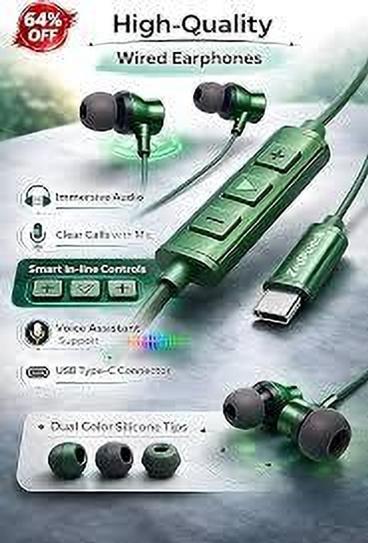 RSTEQ Type-C Earphone|ENC Mic| Premium Earphone| Magnetized Buds pro Phantom03 Wired Gaming Headset (Green, In the Ear) - Image 6