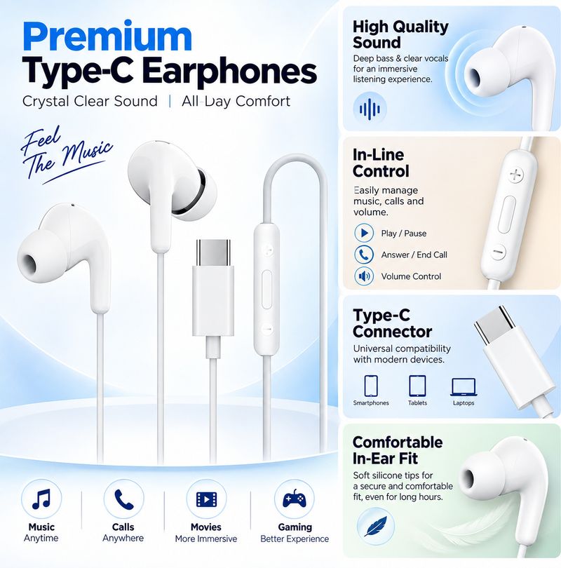 qoviq original Type-C In-Ear Wired Earphones With Powerful 12.4mm Drivers & Clear Calling Wired Headset (White, In the Ear) - Image 4