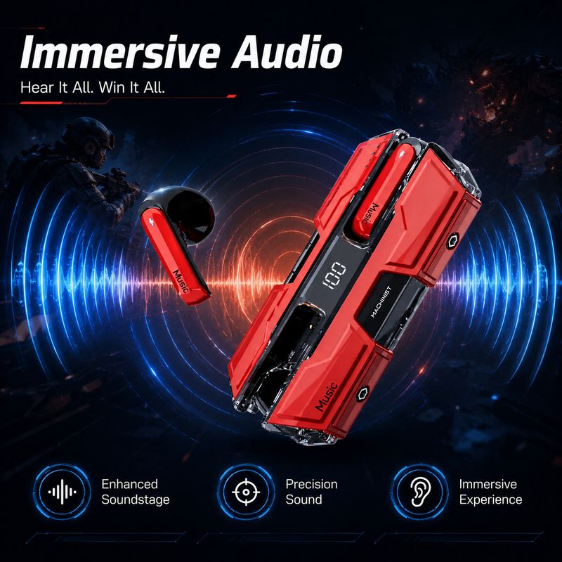 YAROH CC218 Gaming Earbuds Bluetooth 5.3, Red - Image 5