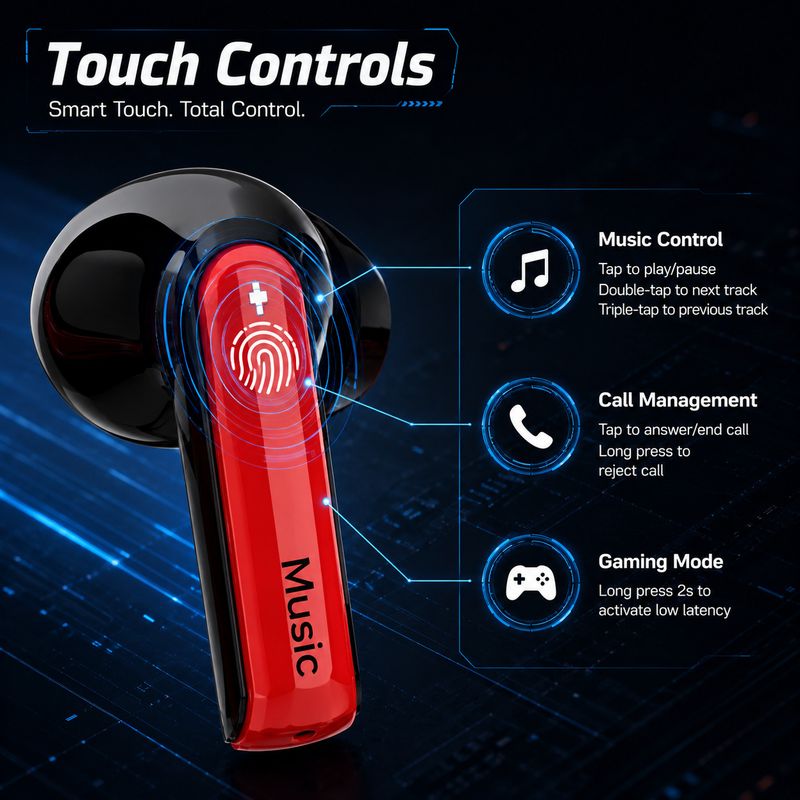 YAROH CC218 Gaming Earbuds Bluetooth 5.3, Red - Image 6