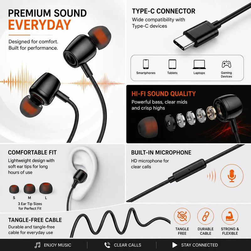 HASHTEL Type-C BassPro Wired Earphones with Mic - Image 3