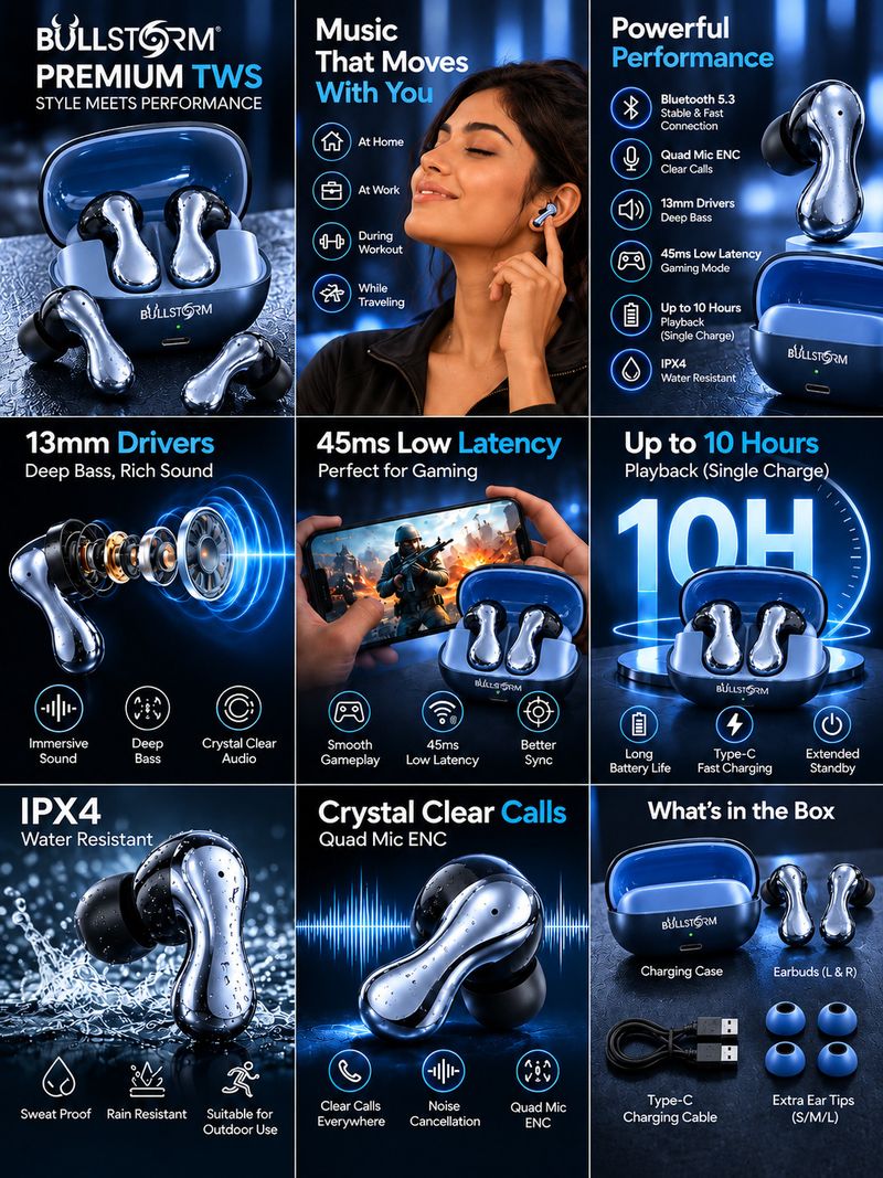 BULLSTORM Voltiq 977 Earbuds Bluetooth 5.3, 24Hr Playtime, Blue - Image 6