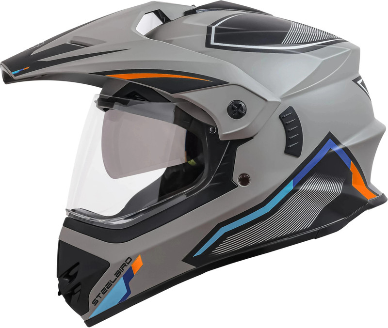 Steelbird Racer Off Road ISI Certified Motocross Double Visor Full Face Graphic Motorbike Helmet Glossy Grey Orange