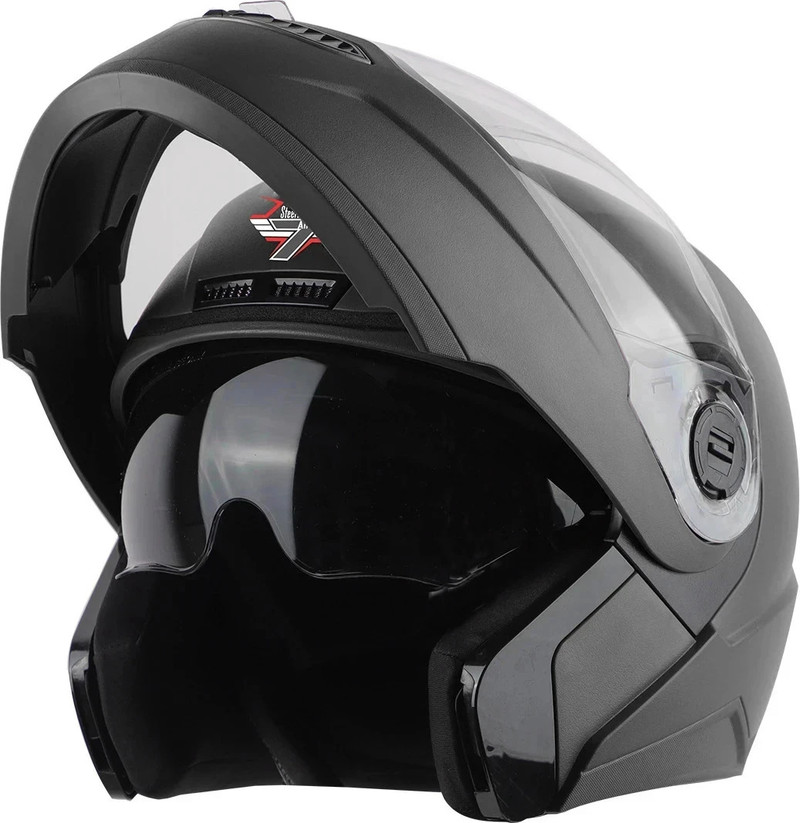 Steelbird SBA-7 7Wings ISI Certified Flip-Up for Men and Women Motorbike Helmet (Dashing Black with Outer Clear and Inner Smoke Sun Shield)