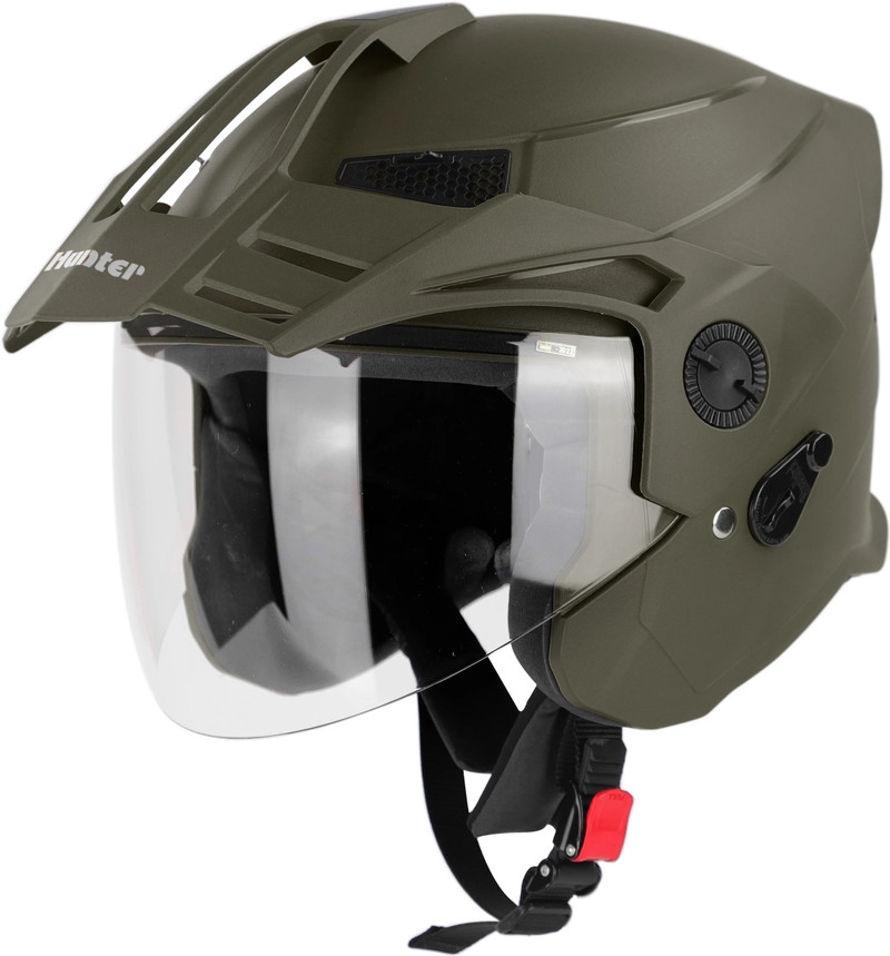 Steelbird SBH-23 Hunter ISI Certified Open Face Motorbike Helmet Dashing Battle Green with Clear Visor