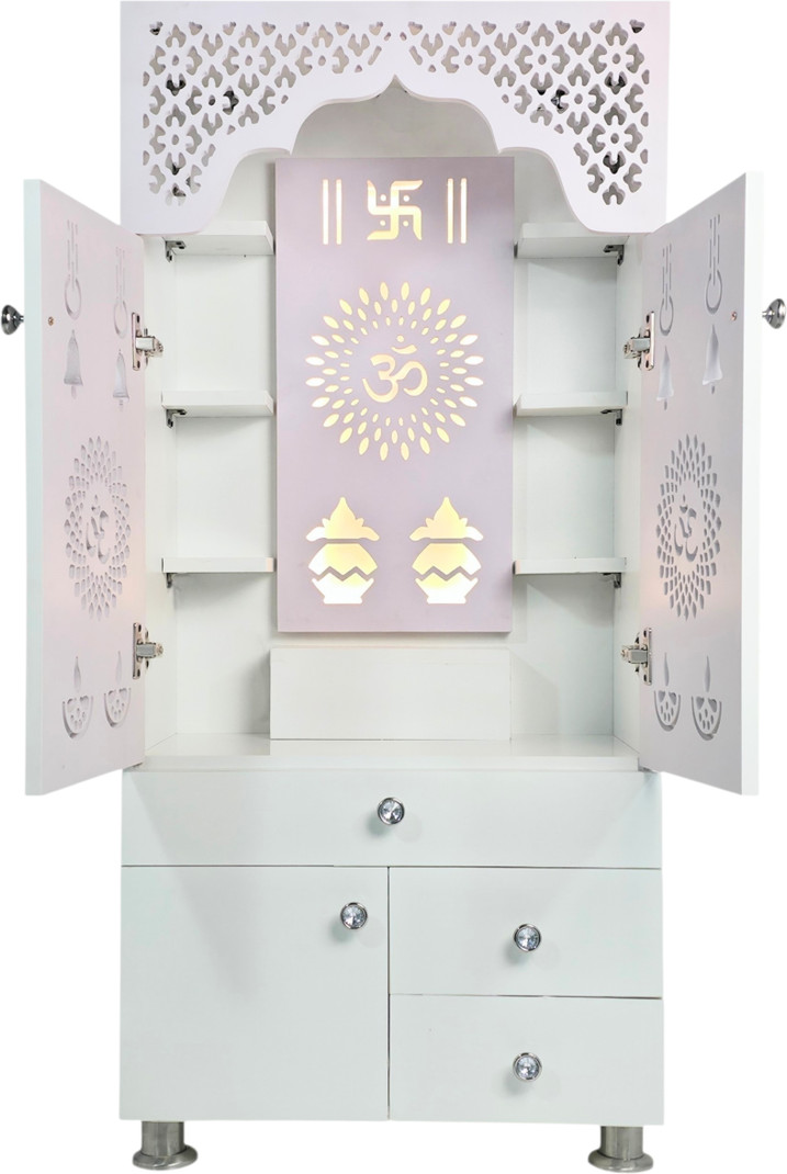 Old Wolf Furniture White Wooden Temple For Home With LED Light & Storage Drawers - Engineered Wood Home Temple (Height: 130, Pre-assembled)