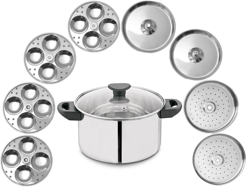Allo Stainless Steel Idli/Momo/Dhokla Maker Multi Purpose Kadai Set Large 8 Plate Induction & Standard Idli Maker (8 Plates , 16 Idlis )