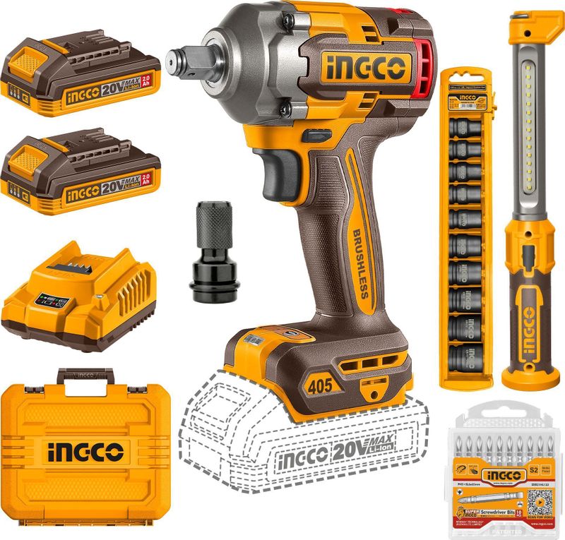 INGCO 20V Cordless Impact Wrench 405Nm + Work Lamp - Image 2