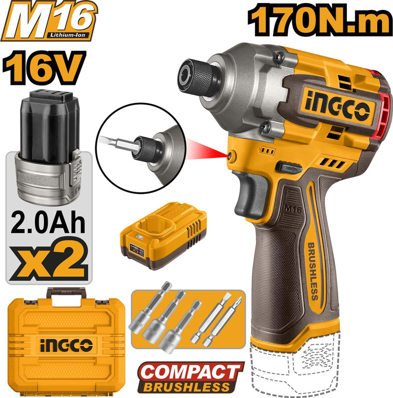 INGCO 16V Cordless Brushless Impact Driver CIRLI16178 Cordless Impact Wrench 1 inch