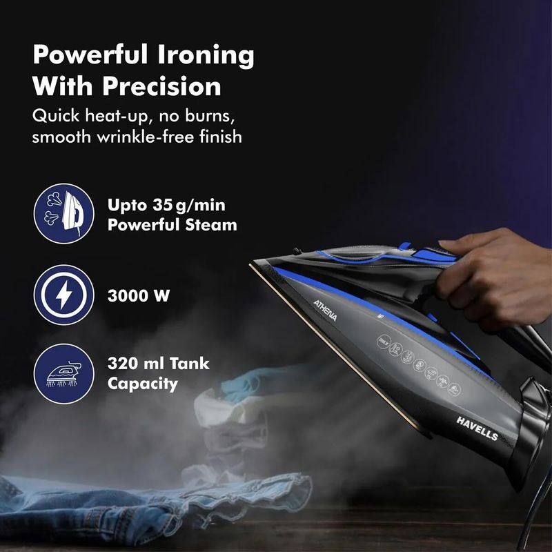 HAVELLS Athena Steam Iron with Smart i Sense Technology(No Fabric Burn) 3000 W Steam Iron (Black, Blue) - Image 4