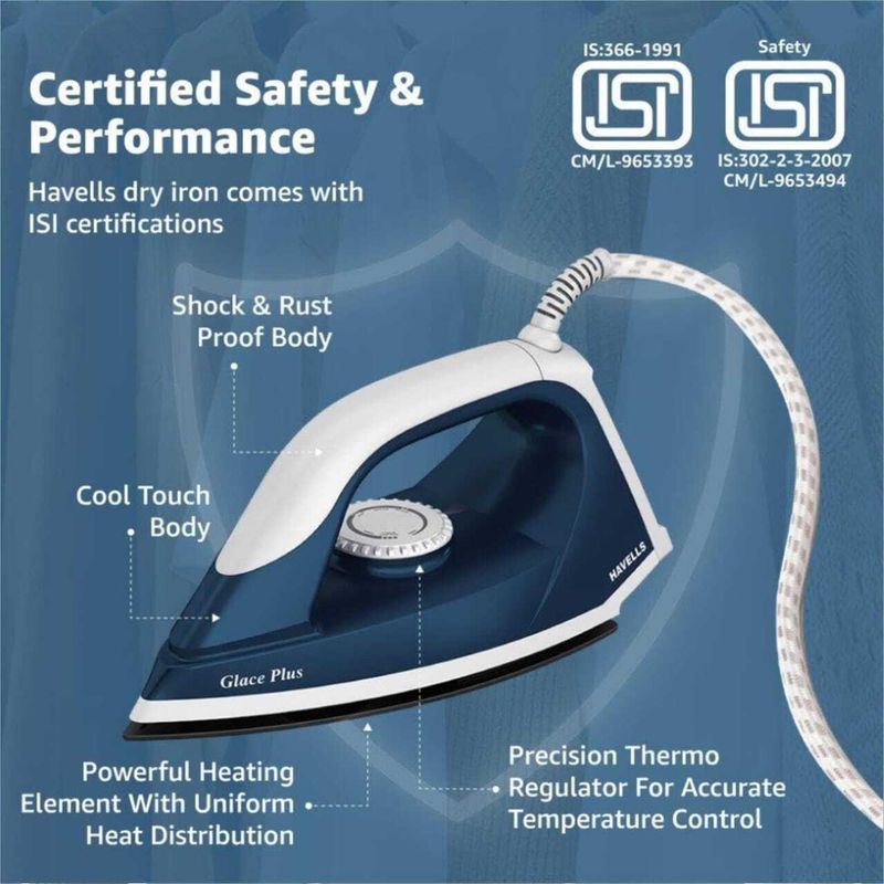 HAVELLS Glace Plus 1000W Dry Iron (Blue) - Image 3