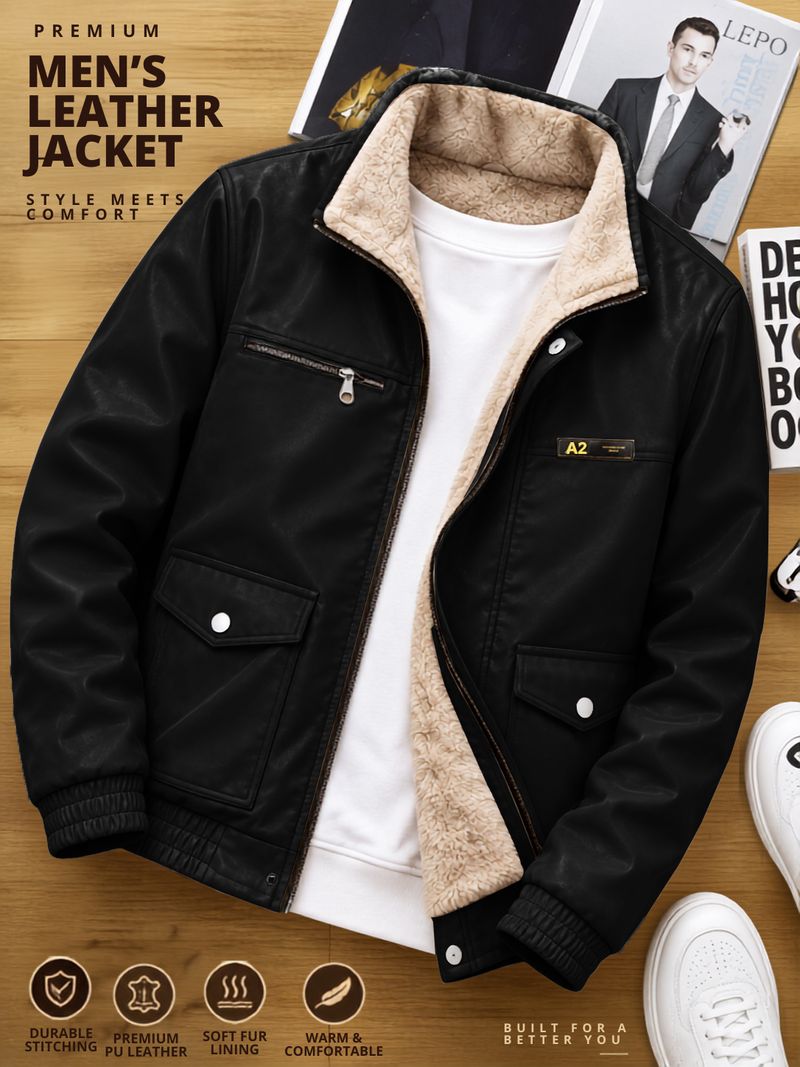 Plus91 Men Solid Leather Jacket - Image 4