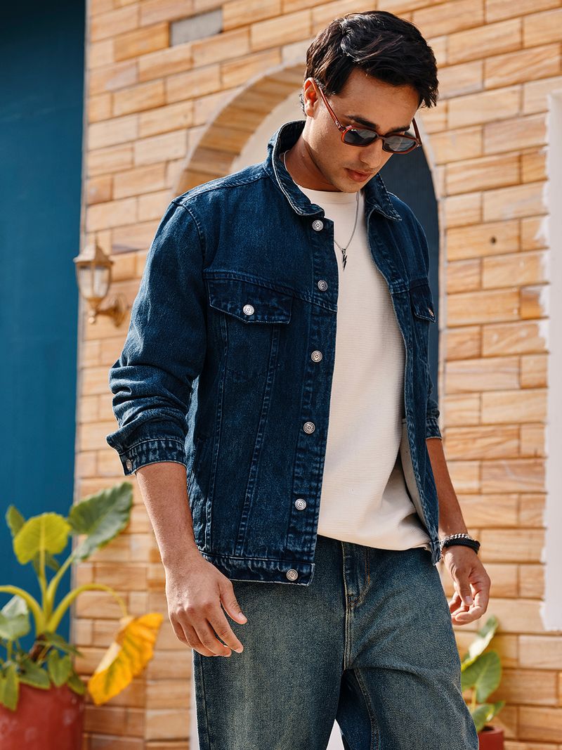 Men Washed Denim Jacket Blue - Image 2