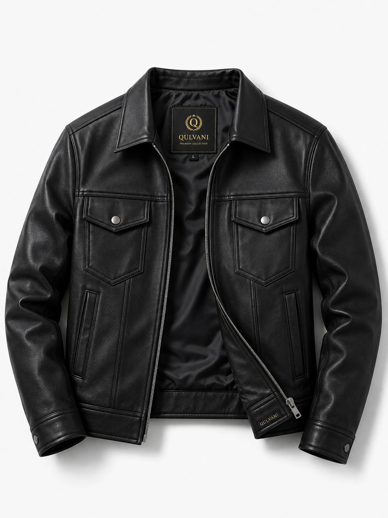 Qulvani Men Solid Leather Jacket - Image 2
