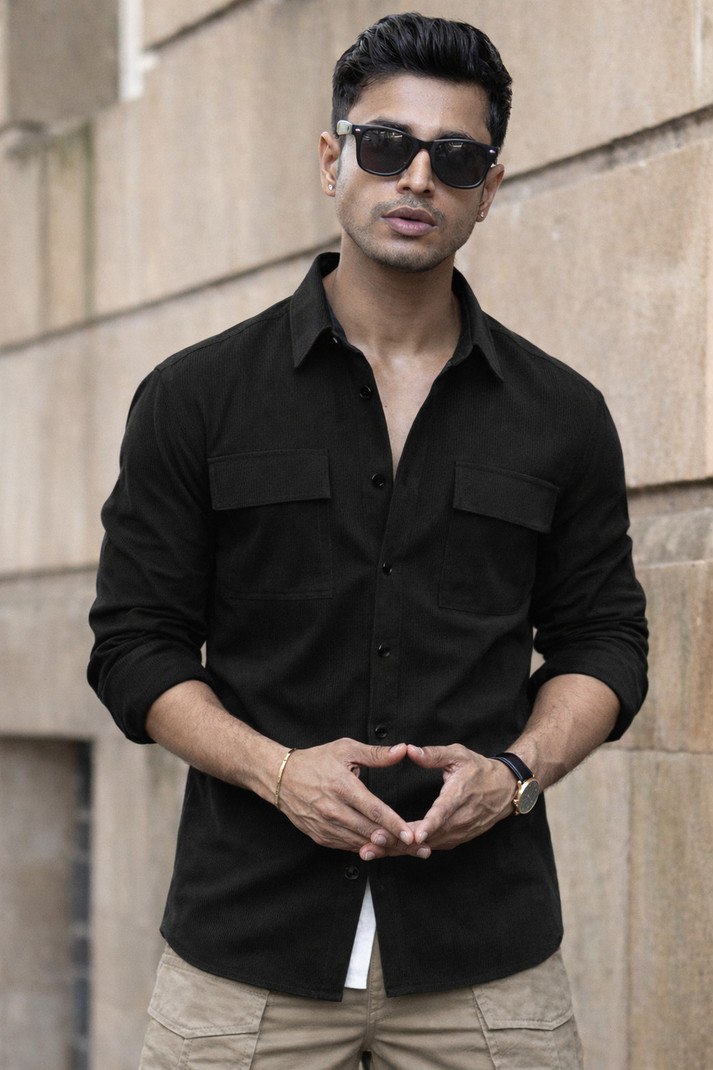 mozero men relaxed fit solid spread collar casual shirt