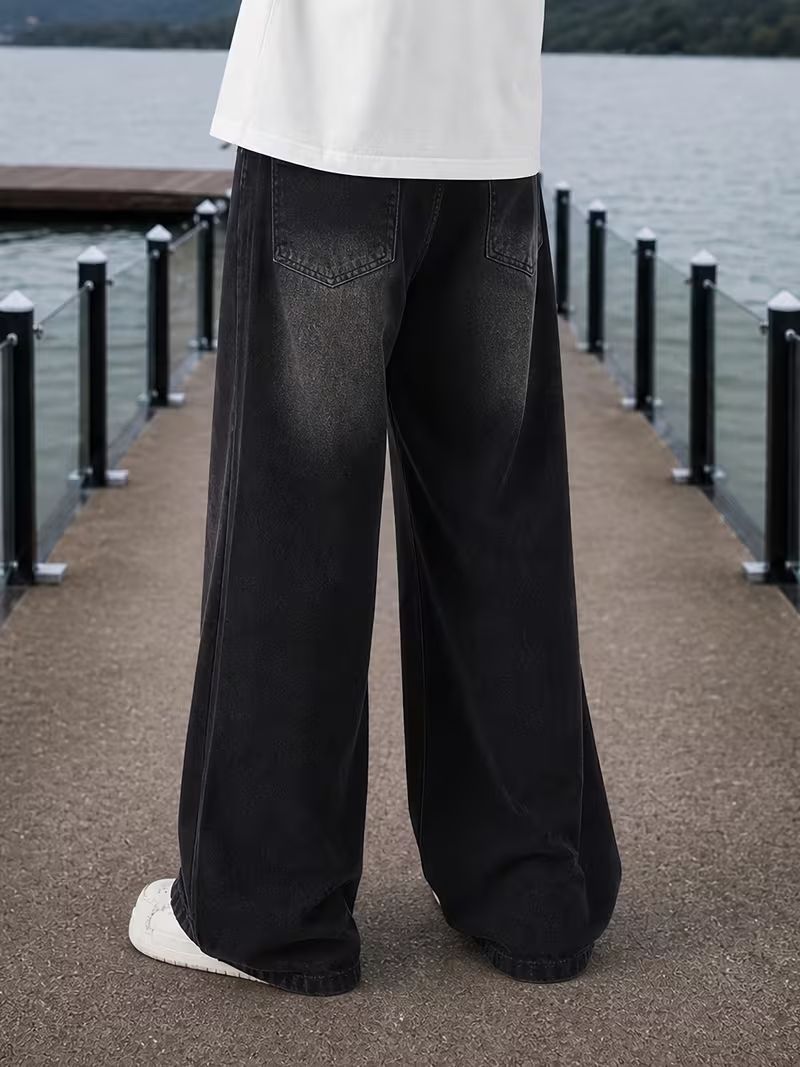 Old Denim Men Wide Leg Mid Rise Black Jeans - Image 4