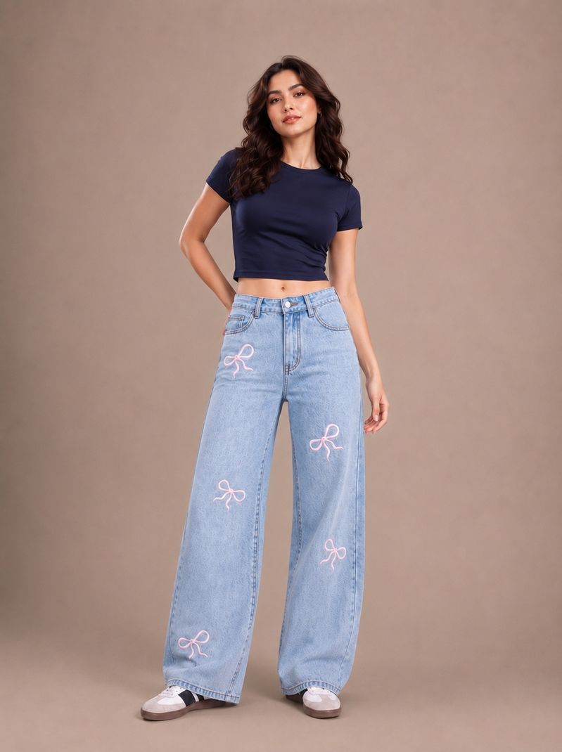 Women Wide Leg High Rise Light Blue Jeans - Image 4