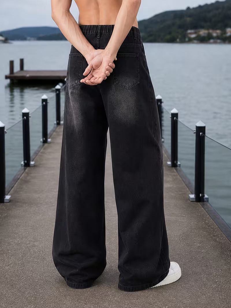 Old Denim Men Wide Leg Mid Rise Black Jeans - Image 3