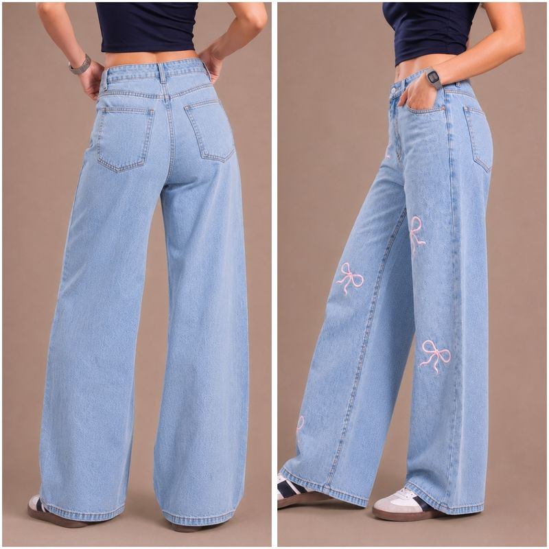 Women Wide Leg High Rise Light Blue Jeans - Image 3
