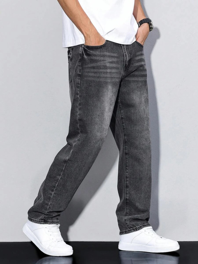 denim look men relaxed fit mid rise dark grey jeans