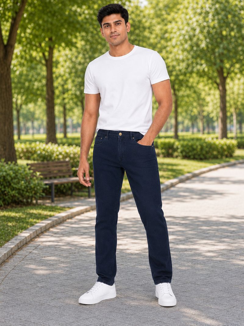 0-DEGREE Men Slim Mid Rise Dark Blue Jeans - Image 6