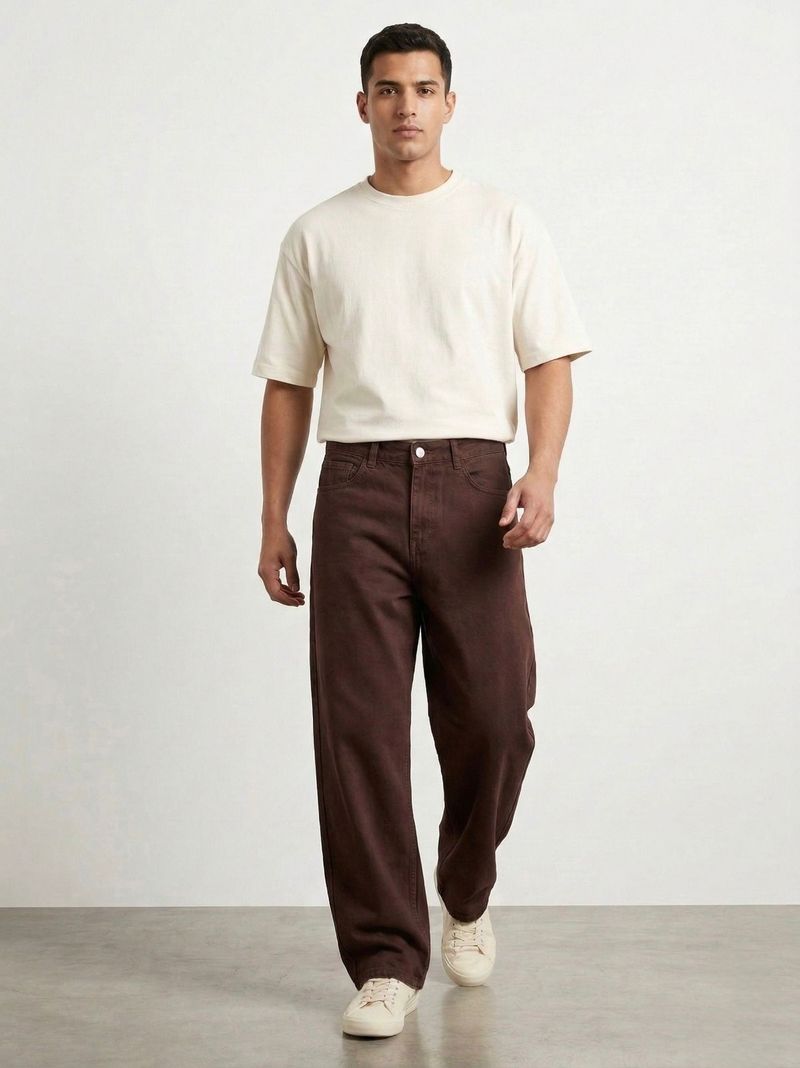 Men Baggy Fit Mid Rise Brown Jeans - Image 4