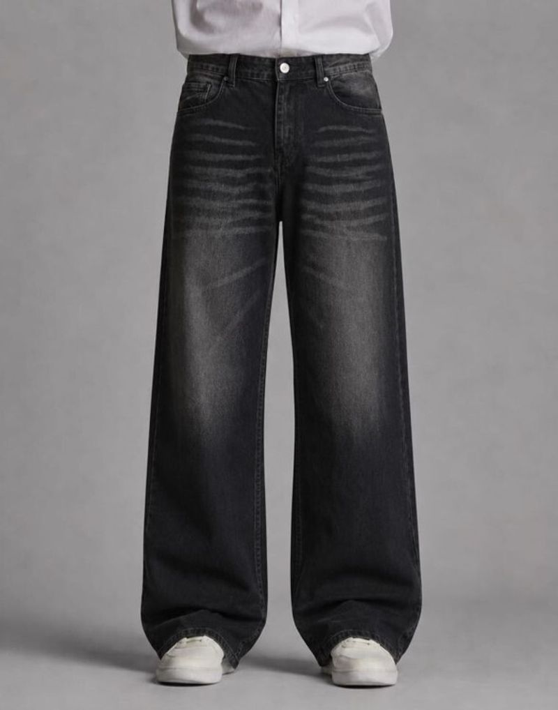 Veliume Men Wide Leg Mid Rise Dark Grey Jeans - Image 2