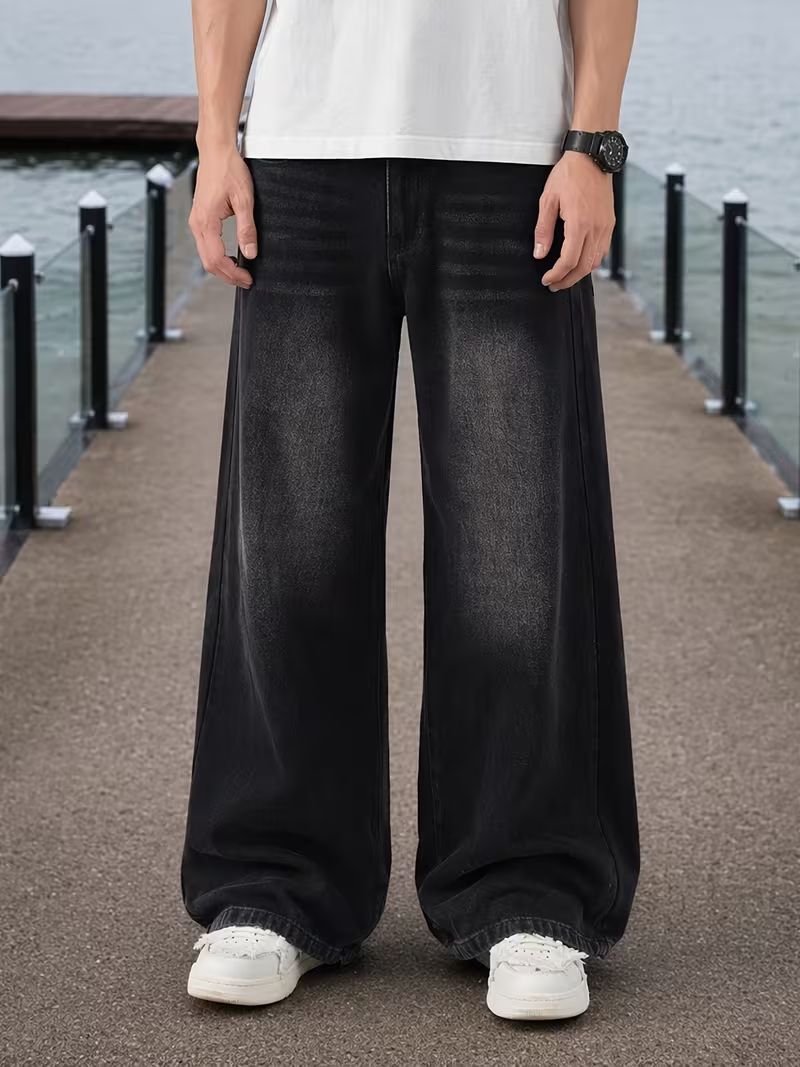 Old Denim Men Wide Leg Mid Rise Black Jeans - Image 2