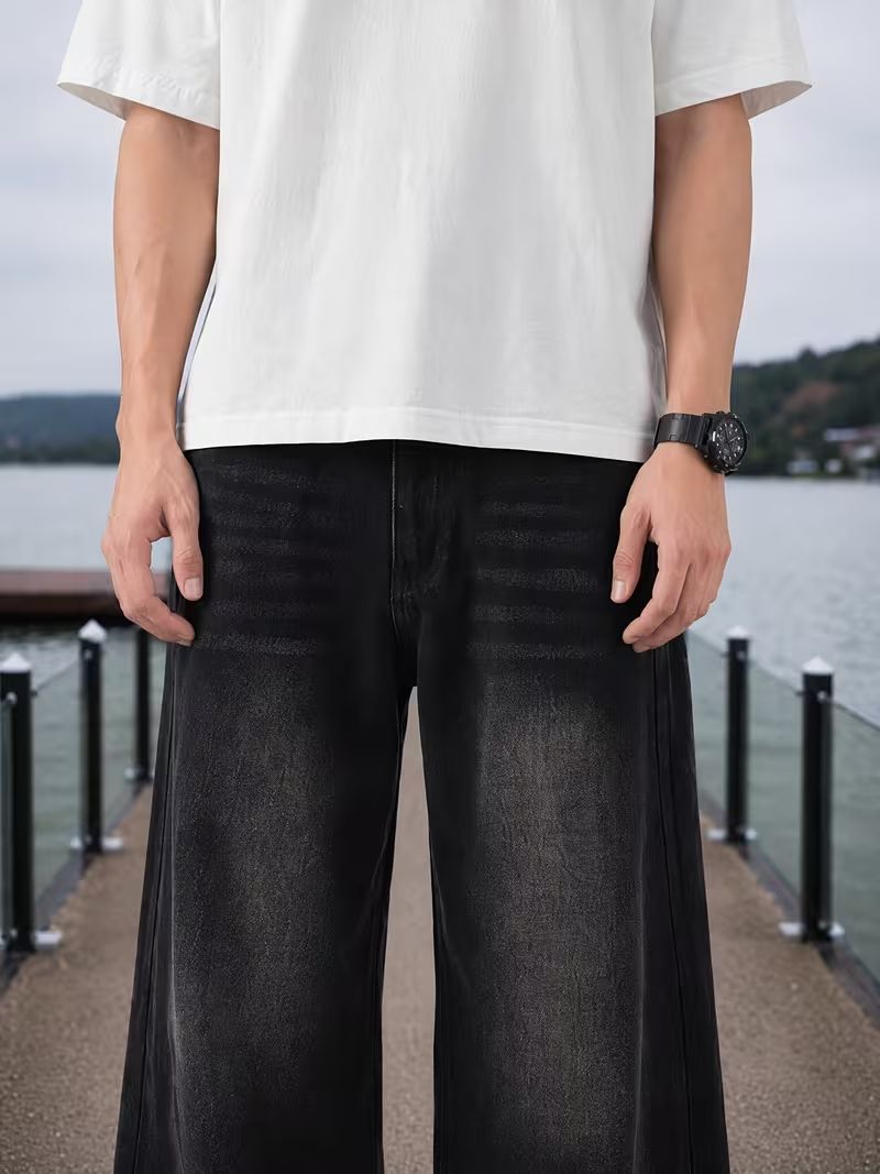 Old Denim Men Wide Leg Mid Rise Black Jeans - Image 6