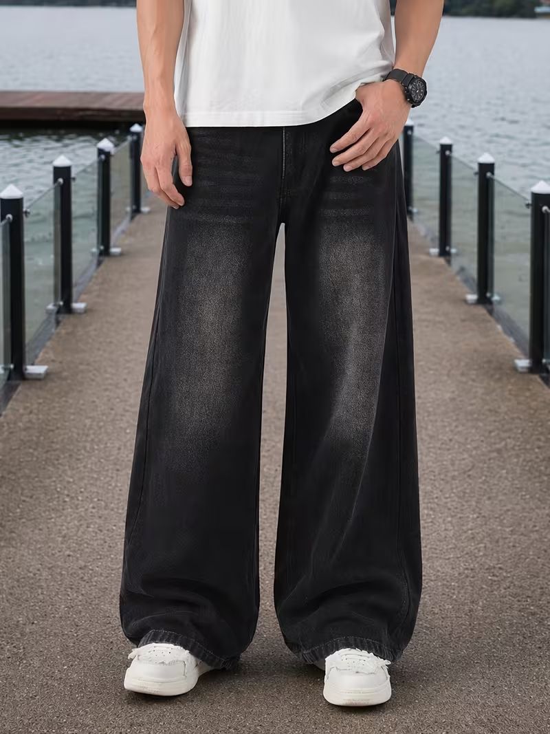 Old Denim Men Wide Leg Mid Rise Black Jeans - Image 5
