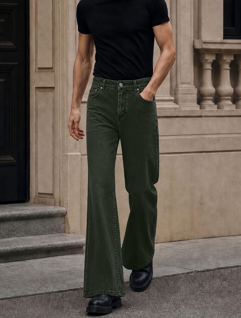 Men Boot-Leg Mid Rise Dark Green Jeans - Image 3