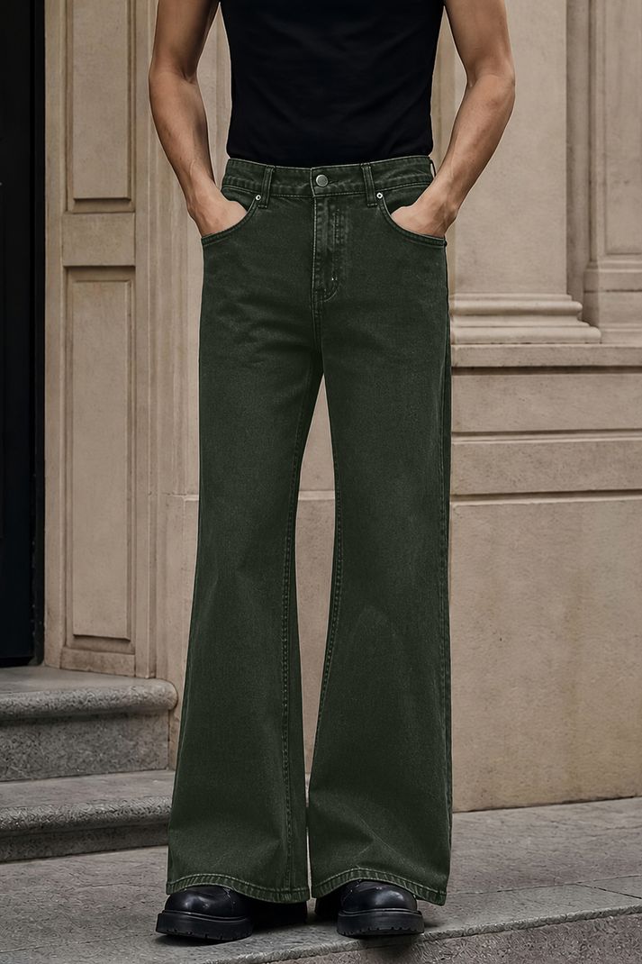 Men Boot-Leg Mid Rise Dark Green Jeans - Image 4